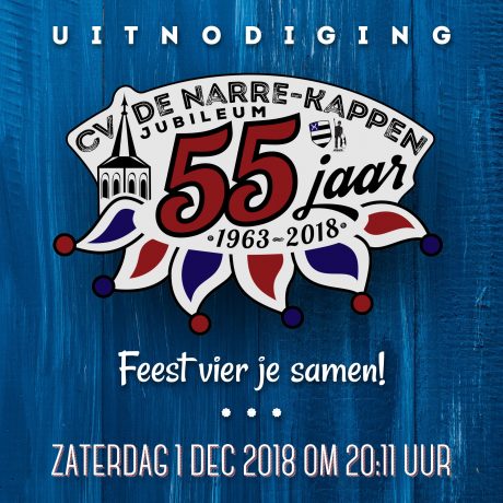 Aankondiging jubileumsfeest 55 jr De Narre-Kappen vierkant