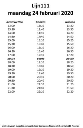 Lijn 111 haltetijden maandag 24 feb