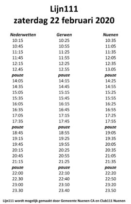 Lijn 111 haltetijden zaterdag 22 feb