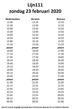 Lijn 111 haltetijden zondag 23 feb